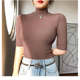 Camiseta básica feminina gola alta magro camiseta de manga curta camisetas femininas casual elasticidade branca camiseta femme mulher topo
