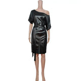 Vestidos casuais preto assimétrico sexy falso couro bodycon vestido feminino verão manga longa na altura do joelho lápis