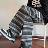 Calças de perna larga das mulheres dos homens outono inverno moda casual calças retas soltas esfregar calças harajuku vintage listrado preto/café