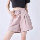 Shorts Casuais Femininos de Perna Larga para o Verão, Finos, Modelo A-line, Calças de Moletom com Cordão, Macacão Curto Feminino da Moda