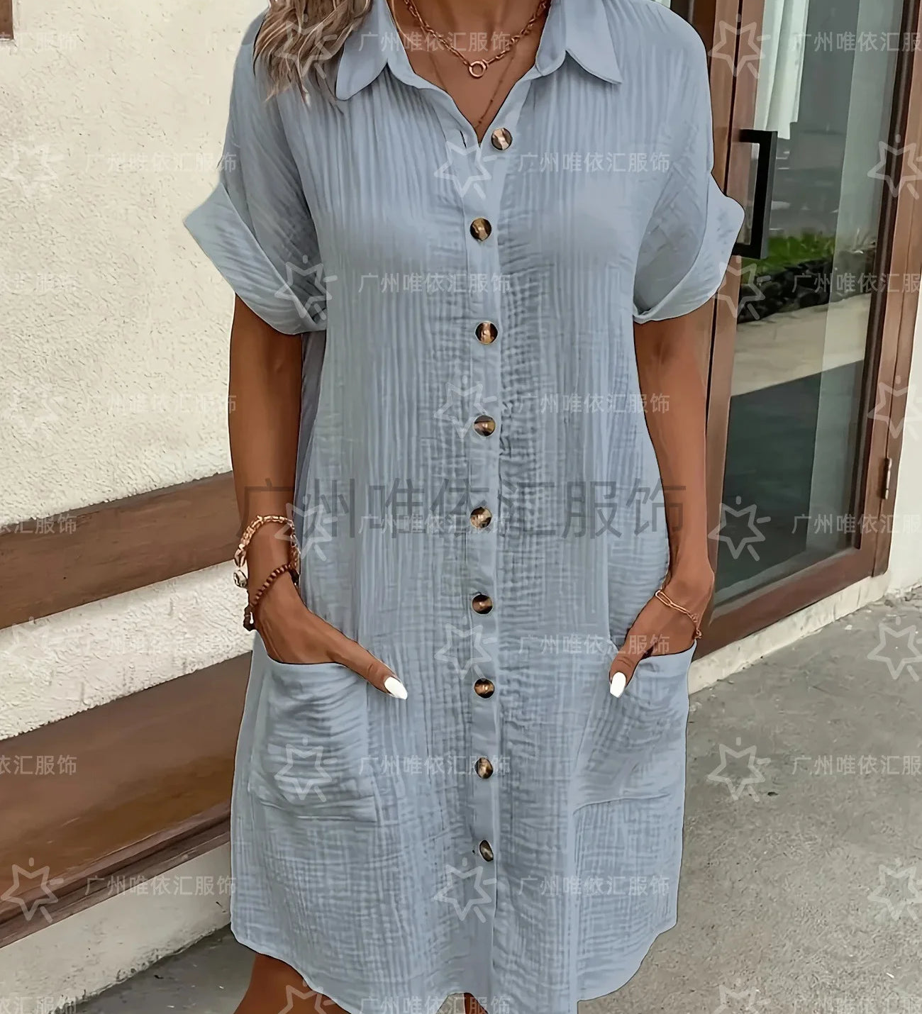 Vestidos Casuais Femininos, Vestido de Cor Sólida, Pullover de Comprimento Médio, Vestido Solto de Manga Curta, Roupas Femininas de Verão
