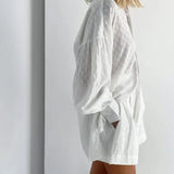 Casual solto feminino curto conjunto de duas peças terno moda blusa manga longa camisa senhora estilo simples shorts streetwear blusa topos
