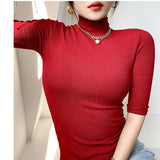 Camiseta básica feminina gola alta magro camiseta de manga curta camisetas femininas casual elasticidade branca camiseta femme mulher topo
