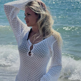 Vestido curto casual de férias, malha vazada de manga comprida para praia, estilo liso justo, moda primavera e outono