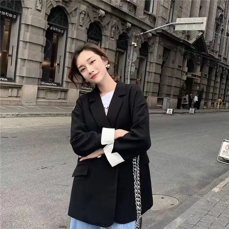 Blazers longos mulher primavera casual escritório senhora lapela trespassado fino ajuste elegante cor sólida moda outerwear minimalista