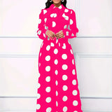 Elegante vestido longo com nó arco para mulheres, veste feminina, bolinhas para senhora, vestidos maxi casuais, manga