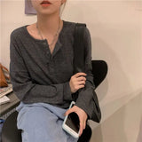 Camisetas femininas de manga comprida, tops de algodão minimalistas, ajuste relaxado, tecido elástico de grandes dimensões, confortável, macio, diário, outono retrô