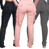 Calça de carga longa feminina, sexy slim fit, cordão casual, bolso com botões de emenda, calça reta, renda para cima, cintura elástica alta