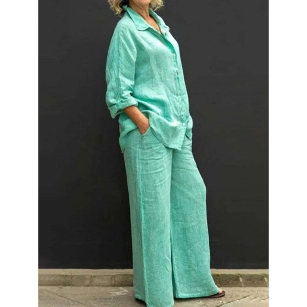 Conjunto de camisa casual feminina – roupa de escritório moderna de duas peças, blusa elegante e conjunto de calças para trabalho e uso diário