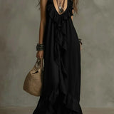 Vestido Casual Solto de Verão e Primavera, Cor Sólida, Elegante, Estilo Boêmio, Com Babados, Cintura Solta, Sem Mangas, Decote em V, Vestidos Longos