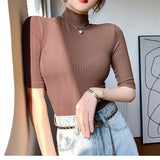 Camiseta básica feminina gola alta magro camiseta de manga curta camisetas femininas casual elasticidade branca camiseta femme mulher topo