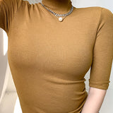 Camiseta básica feminina gola alta magro camiseta de manga curta camisetas femininas casual elasticidade branca camiseta femme mulher topo