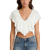 Blusas Cropped com Babados para Mulheres, Elegantes, em Cores Sólidas, com Detalhes em Renda e Decote em V com Amarração nas Costas