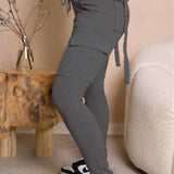 Calça de carga longa feminina, sexy slim fit, cordão casual, bolso com botões de emenda, calça reta, renda para cima, cintura elástica alta