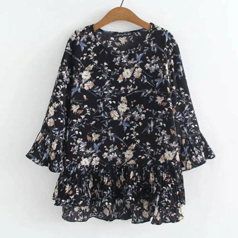 Túnica feminina elegante de babados em chiffon, blusa floral, roupas femininas, tops casuais soltos, verão, 5XL, V2183
