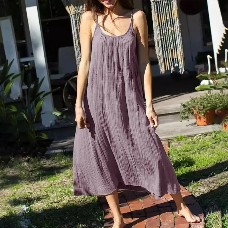 Casual 100% algodão verão vestido longo feminino solto sólido sem mangas sem costas streetwear elegante vestido feminino vestidos robe