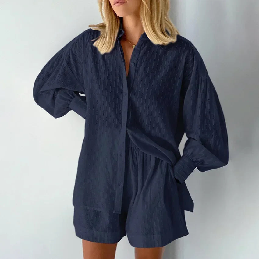 Casual solto feminino curto conjunto de duas peças terno moda blusa manga longa camisa senhora estilo simples shorts streetwear blusa topos