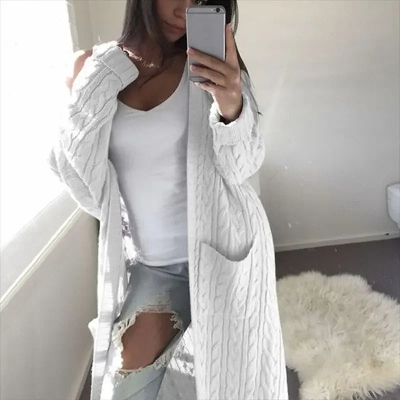 Cardigans Longos Femininos de Algodão para Outono 2026, Suéter Tricotado Grosso para Primavera e Inverno, com Bolso, Cores Amarelo, Rosa e Cinza, Moda Feminina