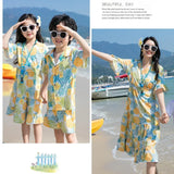 Conjunto de roupas de praia, Roupas Coreanas, Mãe e Filha Vestido Resort, Papai e Filho Tops e Shorts, 2 pcs