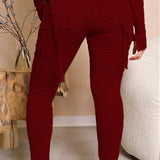 Calça de carga longa feminina, sexy slim fit, cordão casual, bolso com botões de emenda, calça reta, renda para cima, cintura elástica alta