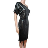 Vestidos casuais preto assimétrico sexy falso couro bodycon vestido feminino verão manga longa na altura do joelho lápis