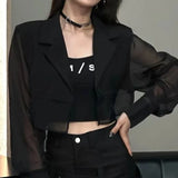 Blazers femininos design de fenda traseira à prova de sol transparente casual ins moda coreana verão outerwear recortado na moda harajuku chique
