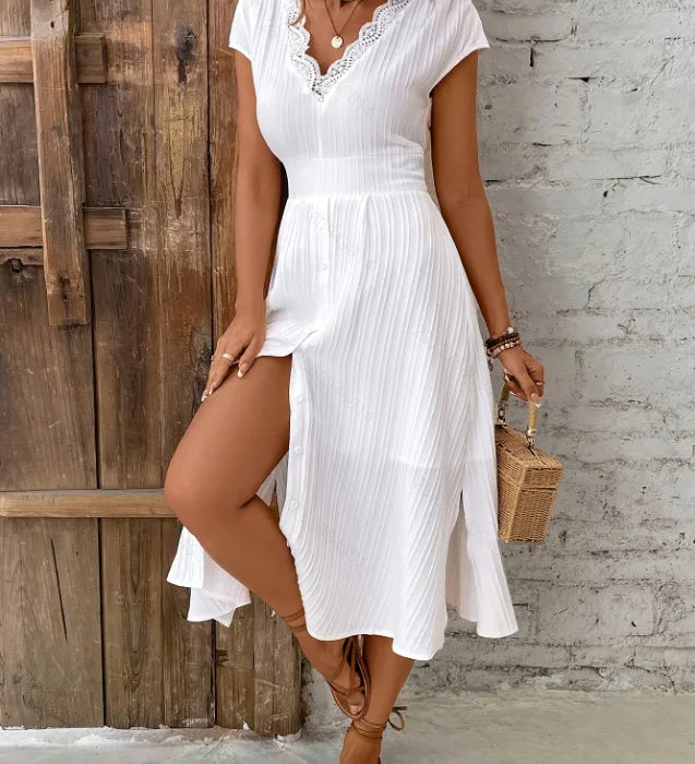 Vestido casual de renda branca para mulheres, moda manga curta, decote em v, cintura alta, vestidos soltos, elegante, festa de férias, verão