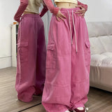 Calça japonesa de perna larga cargo, de cintura alta, solta, fina, reta, monocromática, feminina, de rua, básico, casual