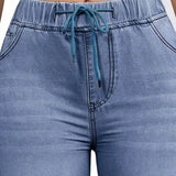 Calças Jeans Femininas de Corte Reto com Cintura Elástica e Cordão, Confortáveis e Casuais em Denim Stretch