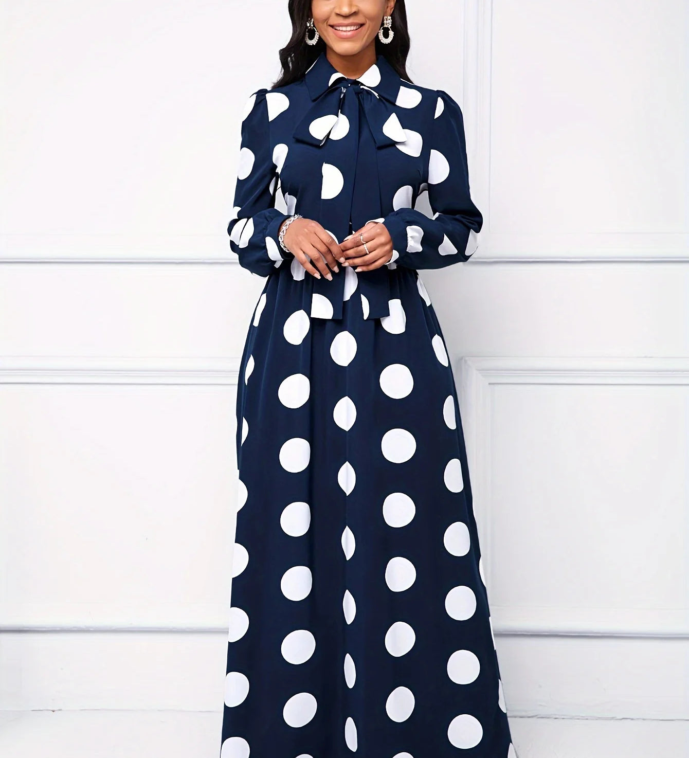 Elegante vestido longo com nó arco para mulheres, veste feminina, bolinhas para senhora, vestidos maxi casuais, manga