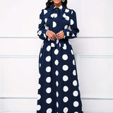 Elegante vestido longo com nó arco para mulheres, veste feminina, bolinhas para senhora, vestidos maxi casuais, manga