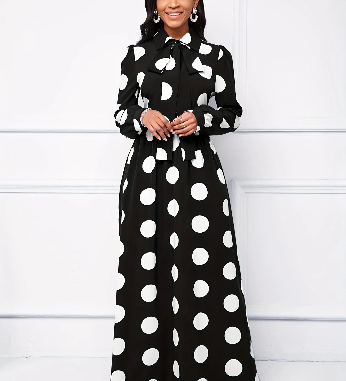 Elegante vestido longo com nó arco para mulheres, veste feminina, bolinhas para senhora, vestidos maxi casuais, manga