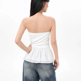 Top Tubo Canelado Feminino com Bainha Franzida Sem Alças Ajuste Justo Casual para o Verão