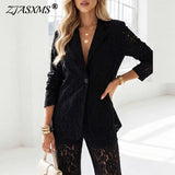 Conjunto Elegante de Blazer de Renda Sólida 2 Peças para Mulheres, Blazer de Manga Longa + Calças de Perna Larga, Traje de Festa com Botão Único para Escritório