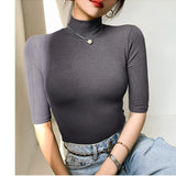 Camiseta básica feminina gola alta magro camiseta de manga curta camisetas femininas casual elasticidade branca camiseta femme mulher topo