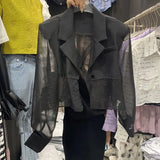 Blazers femininos design de fenda traseira à prova de sol transparente casual ins moda coreana verão outerwear recortado na moda harajuku chique
