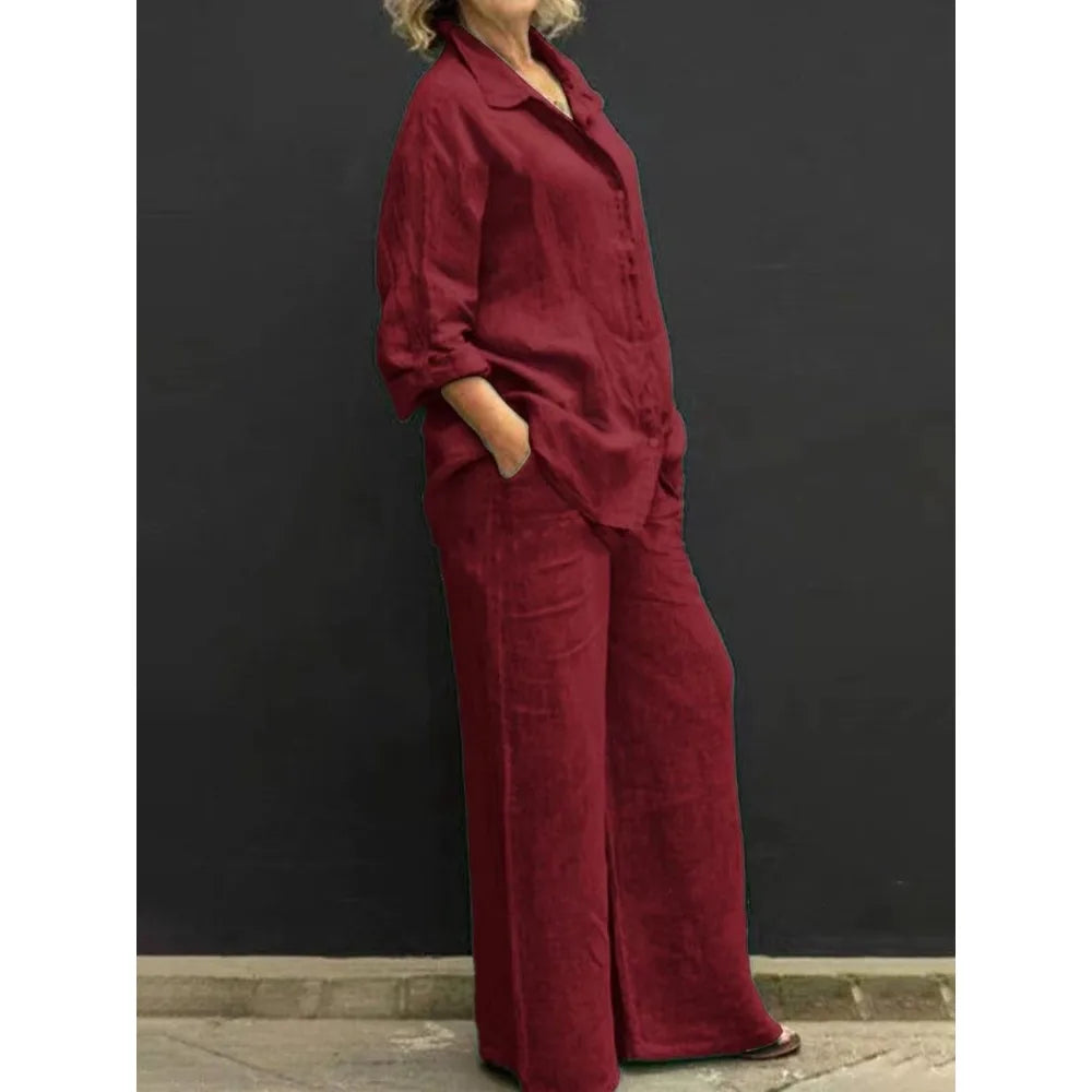 Conjunto de camisa casual feminina – roupa de escritório moderna de duas peças, blusa elegante e conjunto de calças para trabalho e uso diário