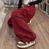 Calça japonesa de perna larga cargo, de cintura alta, solta, fina, reta, monocromática, feminina, de rua, básico, casual