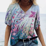 Camiseta feminina de grandes dimensões verão moda desenhada impressa casual manga curta pulôver confortável plus size camiseta roupa da moda