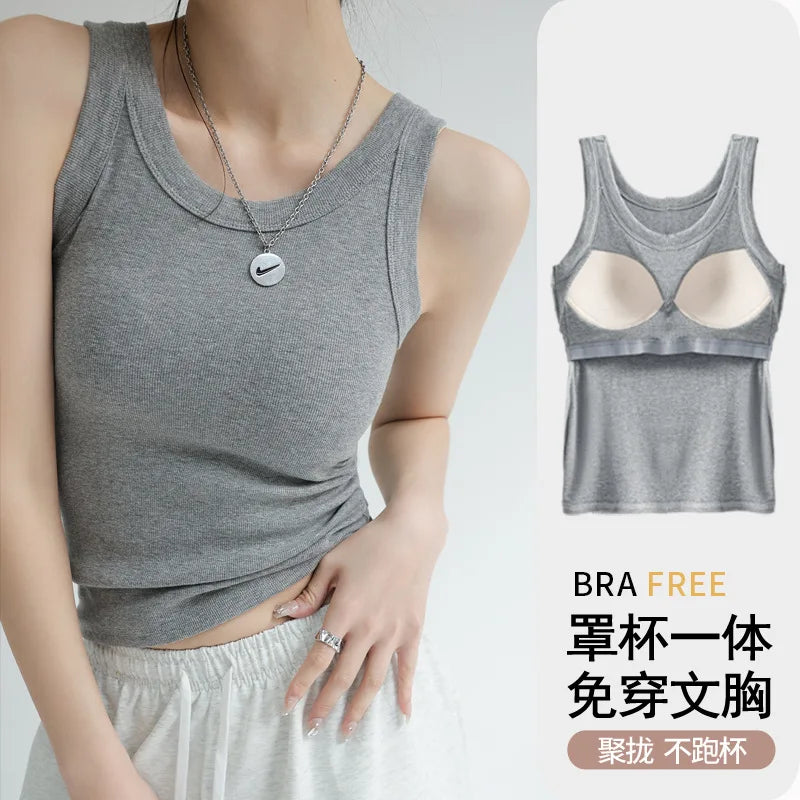 Tops de malha com nervuras pescoço verão camisas básicas branco preto casual esporte colete fora do ombro regata feminina com almofada no peito