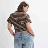Camisetas Casuais com Estampa Listrada para Mulheres, Moda de Verão, Camiseta de Manga Curta com Gola, Look de Streetwear Feminino para Férias na Praia