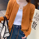 Cardigans e Suéteres Femininos 2026: Moda Coreana Casual, Quente, Primavera/Verão, Gola O, Manga Longa, Abotoamento Simples, Ajuste Slim, Tricôs e Blusas