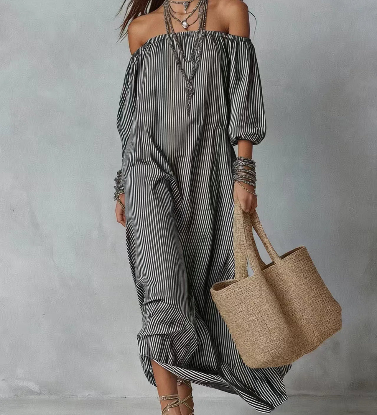 Vestidos Casuais Novos Primavera Verão Elegantes Listrados Ombro a Ombro Soltos para Férias Moda Feminina Vestido para Escritório e Festas