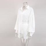 Casual solto feminino curto conjunto de duas peças terno moda blusa manga longa camisa senhora estilo simples shorts streetwear blusa topos