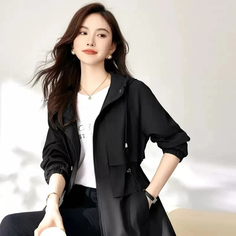 Trench coat feminino 2025 nova primavera outono roupas com capuz blusão jaqueta feminina outerwear topos fino coringa casual estudante casacos
