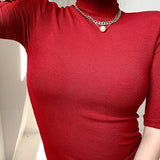 Camiseta básica feminina gola alta magro camiseta de manga curta camisetas femininas casual elasticidade branca camiseta femme mulher topo