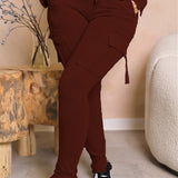 Calça de carga longa feminina, sexy slim fit, cordão casual, bolso com botões de emenda, calça reta, renda para cima, cintura elástica alta