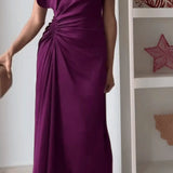 Casual o-pescoço drapeado vestidos vestido elegante altura cintura magro ajuste vestido de noite vestidos moda feminina temperamento sólido vestido longo