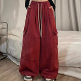 Calça japonesa de perna larga cargo, de cintura alta, solta, fina, reta, monocromática, feminina, de rua, básico, casual