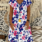 Vestido Casual A-Line com Estampa Floral para Mulheres, Decote em V, Manga Curta, Vestido de Verão, Padrão de Flores Azul, Vermelho e Branco, Vestido Midi 2024